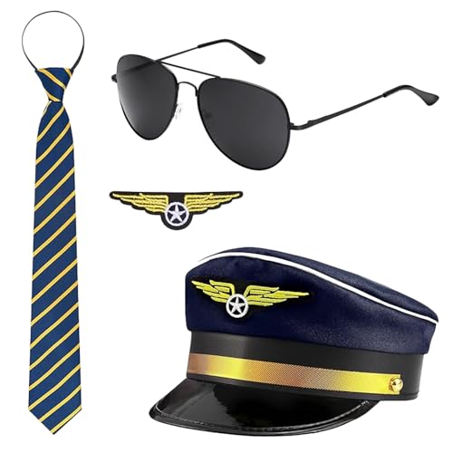 SSKHE 4pcs un costume de commandant de bord, costume de pilote d'Halloween, robe rayée d'épaule, fournitures de jeu de rôle de partie de commandant de bord,...