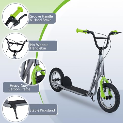 Image of GYMAX Scooter, Kids & Adults Off-Road Scooter with 12 inch Inflatable Wheels, Adjustable Height Handlebar, V-Type Handbrakes & Axle Pegs for All Terrain, 8+