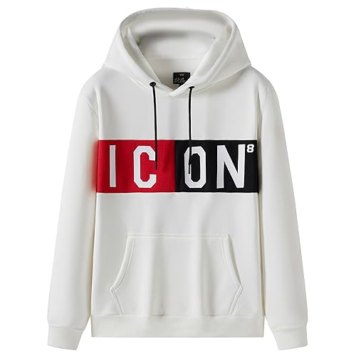 Men's Pullover ICON Printed Hoodie with Premium Texture Men Long Sleeve Sweatshirt Drawstring Hoodies Gift for Him size S M L XL XXL (XL, Off White)