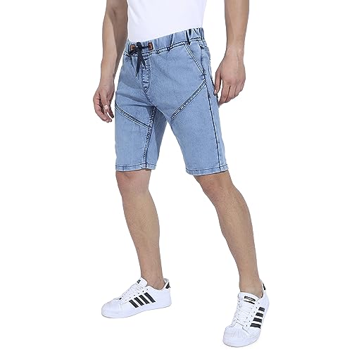Image of CAHOOT Men's Side-Striped Denim Shorts for Casual Wear | Dark-Wash | Regular Fit | Button Closure | Denim Shorts Crafted with Comfort Fit for Everyday Wear