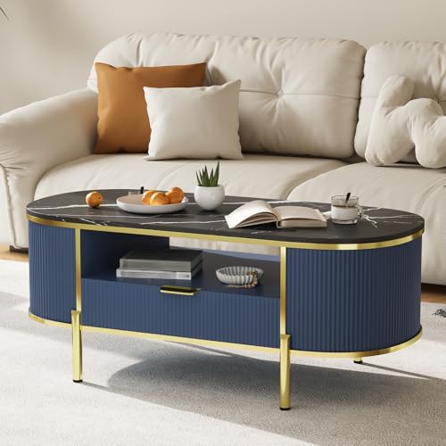 Modern Oval Coffee Table with Storage Organizer, 48" Wood Fluted Center Table for Living Room Office, Coffee Tables with Drawer, Shelf, Faux Marble Top, Curved Profile Design, Gold Metal Legs, Blue