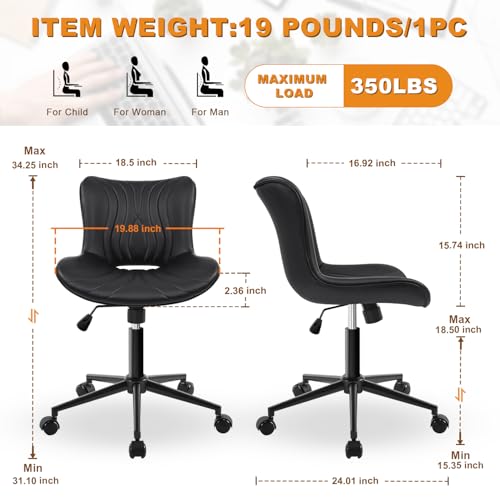 Image of Armless Office Chair, Height Adjustable Desk Chair with Wheels, Ergonomic Comfy 360 Swivel Home Office Computer Task Chair, Faux Leather Padded Cute Vanity Chair,Black