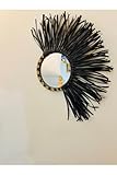 SODEF Wall Art Black Half Raffia Mirror Wall Decor Bohemian Style Single Piece for Living Room - Black, Round
