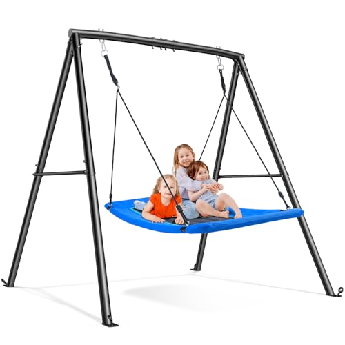 Trekassy 60' Large Platform Saucer Swing with Frame for Kids Outdoor, 440lbs Swing Set with Heavy Duty Metal Swing Stand for Backyard, Outdoor Kids Play Equipment (Black Frame + Blue Swing)（Patented）