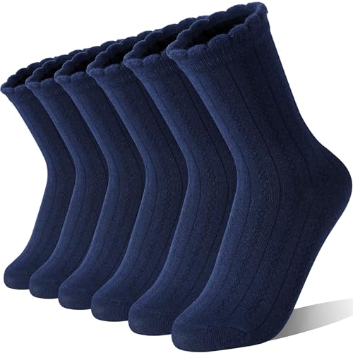 EBMORE Navy Blue Girls Ruffle Socks Uniform School Dress Crew Cotton Textured Gifts Socks for Kids 6 Pairs Stocking Stuffers(Diamond Striped Navy Blue 5-8 Years)