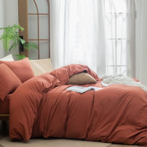Image of BESTOUCH Cotton Solid Duvet Cover Set Linen Feel Crimson Red Alaska King | 100% Washed Cotton, Soft Wrinkle Texture, Hidden Zipper, 8 Ties, Breathable Lightweight Durable Comfy, 3 Pcs No Insert