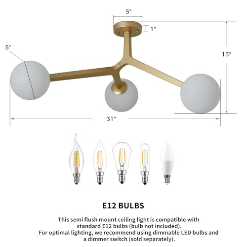 AGV LIGHTING Semi Flush Mount Ceiling Light Fixture, 3 Light Globe Ceiling Light with Milky Frosted Shade E12 Socket, 23" Modern Ceiling Light for Living Room Dining Room Kitchen by AGV LIGHTING - Used condition - Image 2