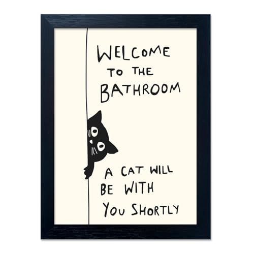 Framed Black and White Bathroom Wall Decor Welcome to the Bathroom Wall Art A cat Will be With You Shortly Funny Cat Lover Canvas Print Poster Modern Home Decor