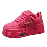 Women Y2K Chunky Sneakers, 3D Star Patch Streetwear, Eye-Catching Dopamine Color 5cm Height Boost Teens Walking Shoes Breathble (Red,8)
