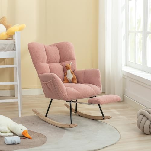 Image of FOXHUNTER Nursery Teddy Upholstered Glider Rocker with Adjustable Footrest, High Backrest Padded Recliner Reading Chair (Pink)