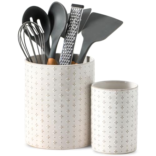 Kitchen Utensil Holder for Countertop, 7.1" + 5.3"Ceramic Cooking Utensil Holder Set of 2, Large Utensil Crocks, Morden Kitchen Tool Tolder for Spatula, Arctic White