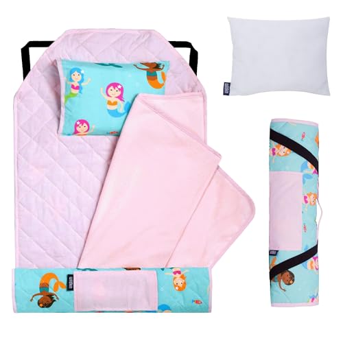 Image of Wildkin Modern Kids Nap Mat with Pillow for Girls - Soft & Cozy Cotton Blend, Elastic Straps, Toddler Sleep Mat for Daycare, Preschool, Kindergarten & Travel, Ages 3-7, Machine Washable - Mermaids