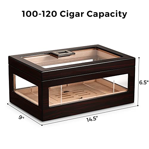 Woodronic Led Lighted Humidor Cigar Box For 100 Cigars, Electric Humidor With Digital Hygrometer, Crystal Gel Humidifier, Spanish Cedar Lining And Acrylic Dividers, Gifts For Fathers #TOP5