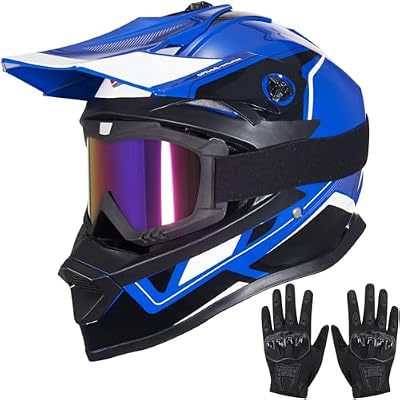 Youth Dirt Bike Helmets,MM605 Kids Full Face Motorcycle Helmet for Off-Road ATV UTV BMX Street Riding,Kids Motocross Helmet with Goggles Gloves,DOT Approved (Gloss Blue, M)