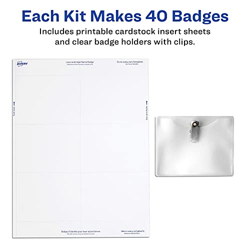 Image of Avery Customizable Name Badge Clips, 3 inch x 4 inch, White, 2 Packs, 80 Printable Inserts and Badge Holders with Clips Total (21879)