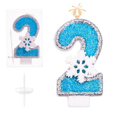 AKURIEEY 2nd Blue Snowflake Birthday Candles Frozen Themed Number 2 Candles for Cake Topper Cupcake Decorations Party Decor Anniversary Celebrations Supplies