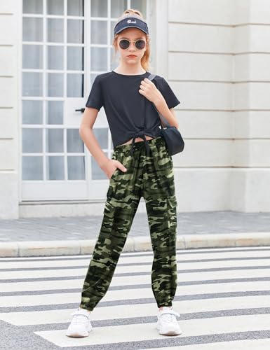 Image of Arshiner Girls 2 Piece Outfits Short Sleeve Tie Knot Front Tee Tops and Cargo Jogger Pants Set Kids Clothing Sets