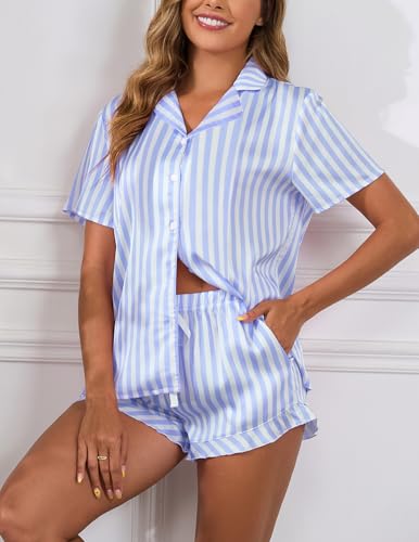 Image of Veseacky Women Satin Pajamas Set 2 Piece Button Down Short Sleeve Soft Sleepwear with Pockets