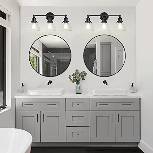 Image of Design House Augustin Vanity Light, 3-Light, Seeded Glass Warm Glow, Dimmable, Up /Down Glow, Easy Installation, E26 Socket, Black, 25.9 in L x 8.3 in D x 11.1 in H, 589036-BLK