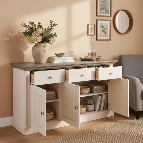 Image of APRODZ Solid Wood Alegre Sideboard 3 Door Storage Cabinet for Living Room | White