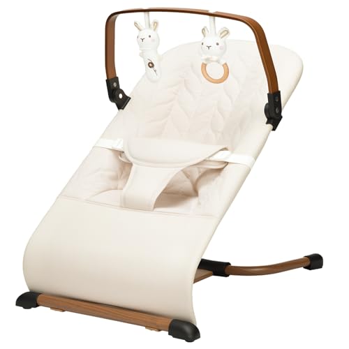 Image of Portable Baby Bouncer, Bouncer Seat for Babies 0-12 Months, 3 Recline Positions, Foldable Baby Rocker Chair with Removable Wooden Bar, Beige