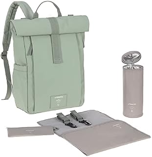 LÄSSIG Plecak do przewijania Torba do przewijania z przewijakiem, mocowanie do wózka dziecięcego, uchwyt na butelkę Zrównoważony produkt/Rolltop Up Backpack zielony srebrny