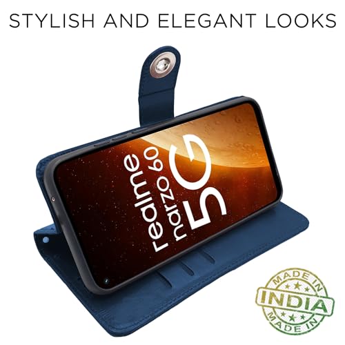Image of Pikkme Realme Narzo 60 5G Flip Cover Leather Finish | Inside TPU with Card Pockets | Wallet Stand and Shock Proof | Complete Protection Button Flip Case (Blue)