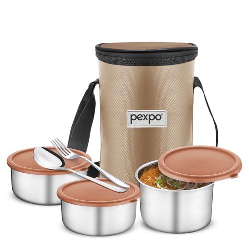 Image of Go24 pexpo Marvel-3 Stainless Steel Meal Box with 3 Containers (2 * 280ml & 430ml), 1 Spoon & Bag - Brown | BPA Free | Leak Proof | Lunch Box for Office Men and Women