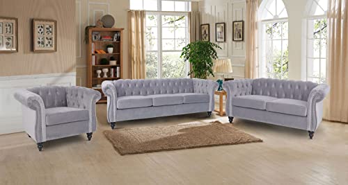 Rarzoe 3 Pieces Of Living Room Furniture Sofa Sets, Modern Velvet Chesterfield Sofa&Chesterfield Club Chair&Chesterfield Loveseat Sofas Set With Nailhead Trim Scroll Arms For Living Room(Grey) #TOP1