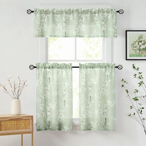 Image of FMFUNCTEX Green White Kitchen Tier Curtains 24 Inch Length Blossom Print Half Window Drapes for Bathroom Floral Patterned Light Filtering Privacy Protected Cafe Curtain Panels Rod Pocket 2 Panels