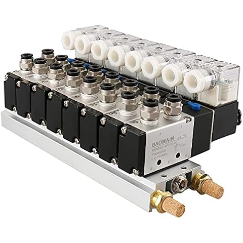 Baomain Solenoid Valve 4V210-08 DC 24V PT1/4 2 Position 5 Way 8 Space Manifold with Base Muffler Quick Fittings Set Cover