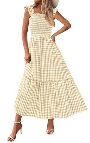 Image of PRETTYGARDEN Women's Summer Dress Casual Ruffle Strap Gingham Midi Sundress | Square Neck, Smocked Boho Dress, Flowy A Line, Homecoming, Party, Maxi Sun Dresses for Beach Vacation