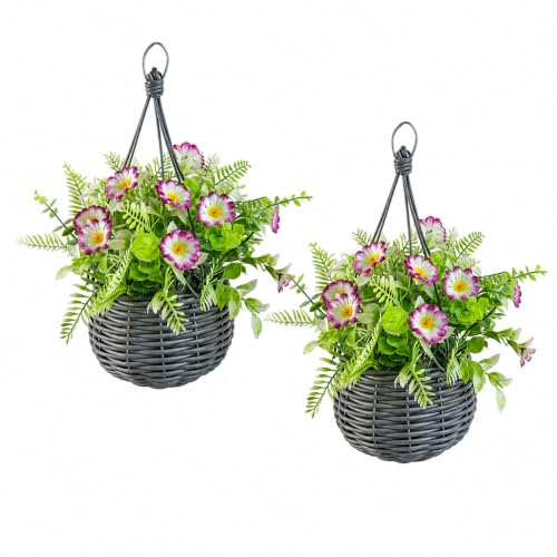 GOVIRAYE 2 Pack Artificial Hanging Baskets with Flowers 30cm Faux Hanging Plants for Garden Patio Balcony & Front Door