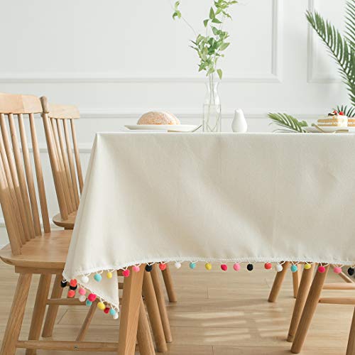 vctops Bunte Pompon-Tischdecke, rustikale Baumwoll-Leinen-Tischdecke, staubdichte Tischabdeckung für Küche, Esszimmer, Tischdekoration, Beige, 139,7 x 248,9 cm Cover