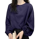 [Adcey] 【新色登場！】長袖tシャツ レディース トップス【秋の主役·絶妙な丈感·リラックス感】Tシャツ カットソー ティーシャツ 丸首 ランタンスリーブ カジュアル ボリュームスリーブ ゆったり 無地 着回し 着痩せ 重ね着 通勤 (XL, ネイビー【NEW】)