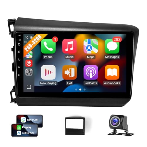Leadfan Car Stereo Radio for Honda Civic 2012 with Carplay Android Auto 9Inch Screen for Civic Car Play with GPS Navigation SWC FM Bluetooth Backup Camera (2G+32G for Honda Civic 2012)