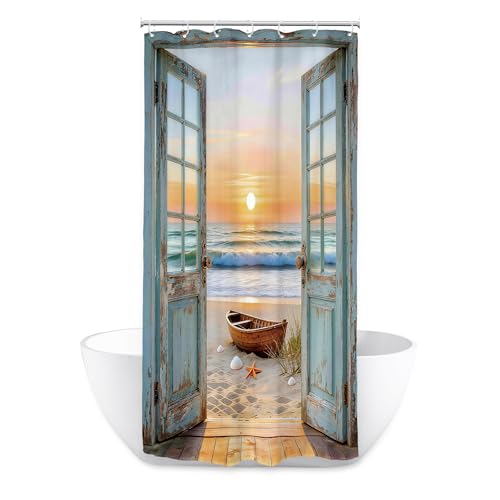 Image of Riyidecor Small Stall Beach Ocean Shower Curtain 36Wx72H Inch Blue Rustic Seaside Barn Door Sea Scenery Sunset Sandbeach Wood Hawaii Landscape Bathroom Decor Fabric Polyester Waterproof 7 Pack Hooks