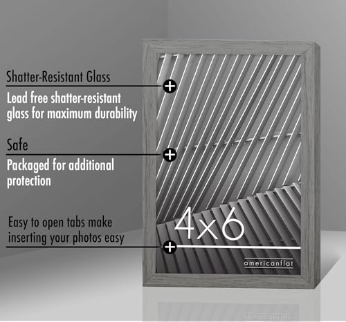 Americanflat 4x6 Picture Frame with Shatter-Resistant Glass - Streamline Collection - Thin Border Photo Frame for Tabletop and Wall Display - Hanging Hardware and Easel Stand Included - Grey