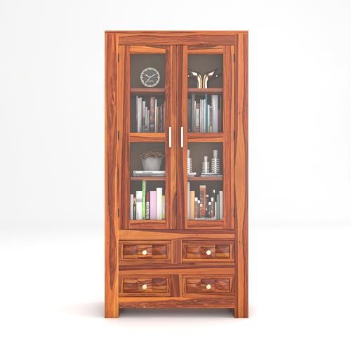 Image of Solid Sheesham Wood Book Cabinet | Tall Wooden Storage Unit with Glass Doors & 4 Drawers | Multipurpose Display Shelf for Living Room & Office | Natural Finish
