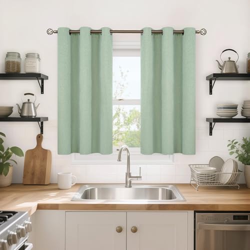 Image of YoungsTex Light Green Linen 100% Blackout Curtains 40 Inch Length, Short Thermal Insulated Drapes with Grommet Privacy for Bedroom Window, 2 Panels, 42 X 40 Inch