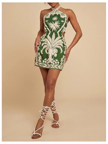 Image of MakeMeChic Women's Boho Mini Dress Summer Beach Vacation Halter Dresses Floral Sundress