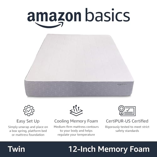 Image of Amazon Basics Cooling Infused Gel Memory Foam Firm Support Latex-Feel Mattress, CertiPUR-US Certified, Twin Size, 12 inch, White /Dark Gray