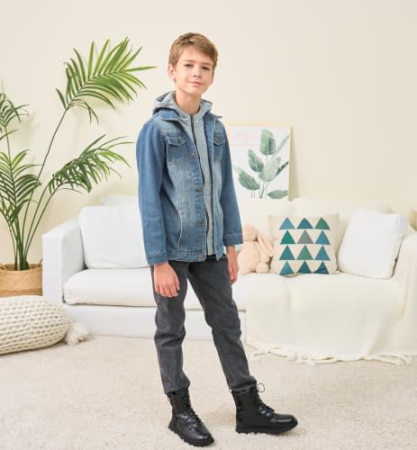 Image of Mallimoda Kids Boys Girls Hooded Denim Jacket | Jean Jacket for Boys Girls, Lightweight Coat with Hood, Zip Up Casual Outerwear, Spring Fall Fashion Clothes, Outdoor Wear