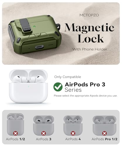 Image of for AirPods Pro 3 Case with Lock (Dark Green) | Compatible with MagSafe,with Phone Stand,with Automatic Snap Switch Carbon Fiber Design Protection Cover with Cleaning Pen