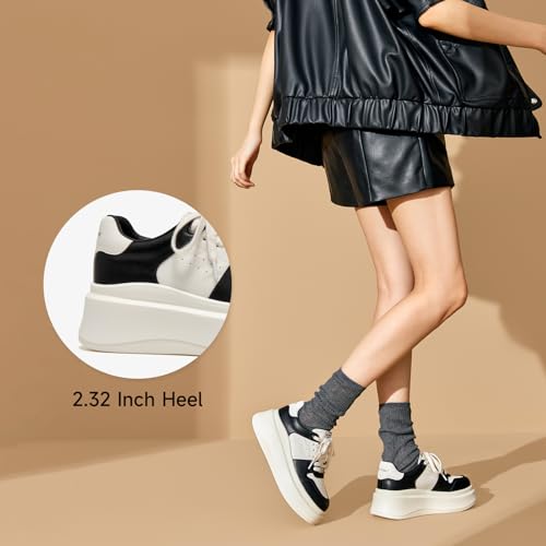 Image of BEAU TODAY Platform White Sneakers for Women,Leather Casual Tennis Shoes