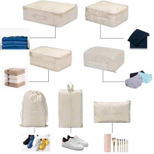 Image of BEHAHAI 7 Pcs Travel Oraganizer Packing cubes kit, Sapace Saver Multi use Bag for Men and Women, Clothes packing cubes for travel, Cupboard Oraganizer cubes. (BEIGE)