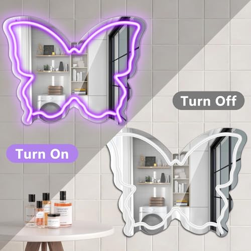 Image of Butterfly Neon Sign Mirror, LED Neon Signs for Wall Decor, 15.7'' x 12'' Dimmable Neon Light for Teen Girls & Kids Birthday Party Gift, Neon Sign for Bedroom Decor, Wall Mirror, USB Powered (Purple)