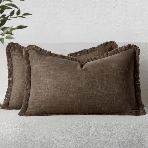 Image of MIULEE Linen Fringe Decorative Fall Pillow Covers Chocolate Brown 12x20
