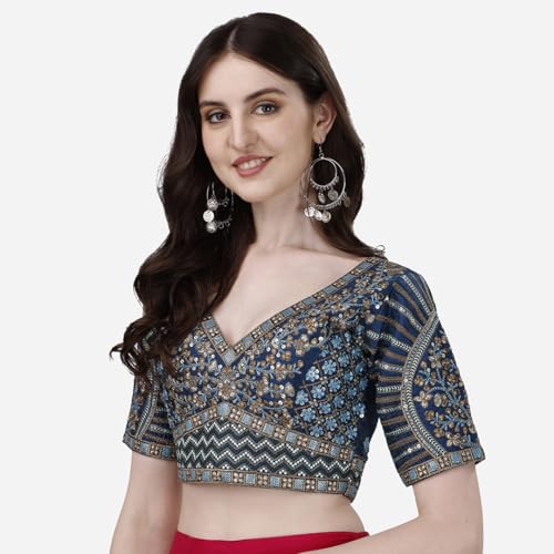 Image of Pujia Mills Mills Women's Fancy Readymade Heavy Coding Embroidary Worked Half Sleeve Multicolor Saree Blouse(Mushroom)