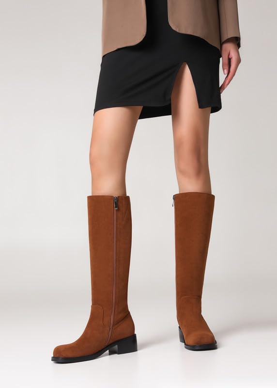 Image of ZJA Knee High Boots Square Toe Boots Low Heel Flat Long Boots for Women Dress Chunky Comfortable Tall Boots